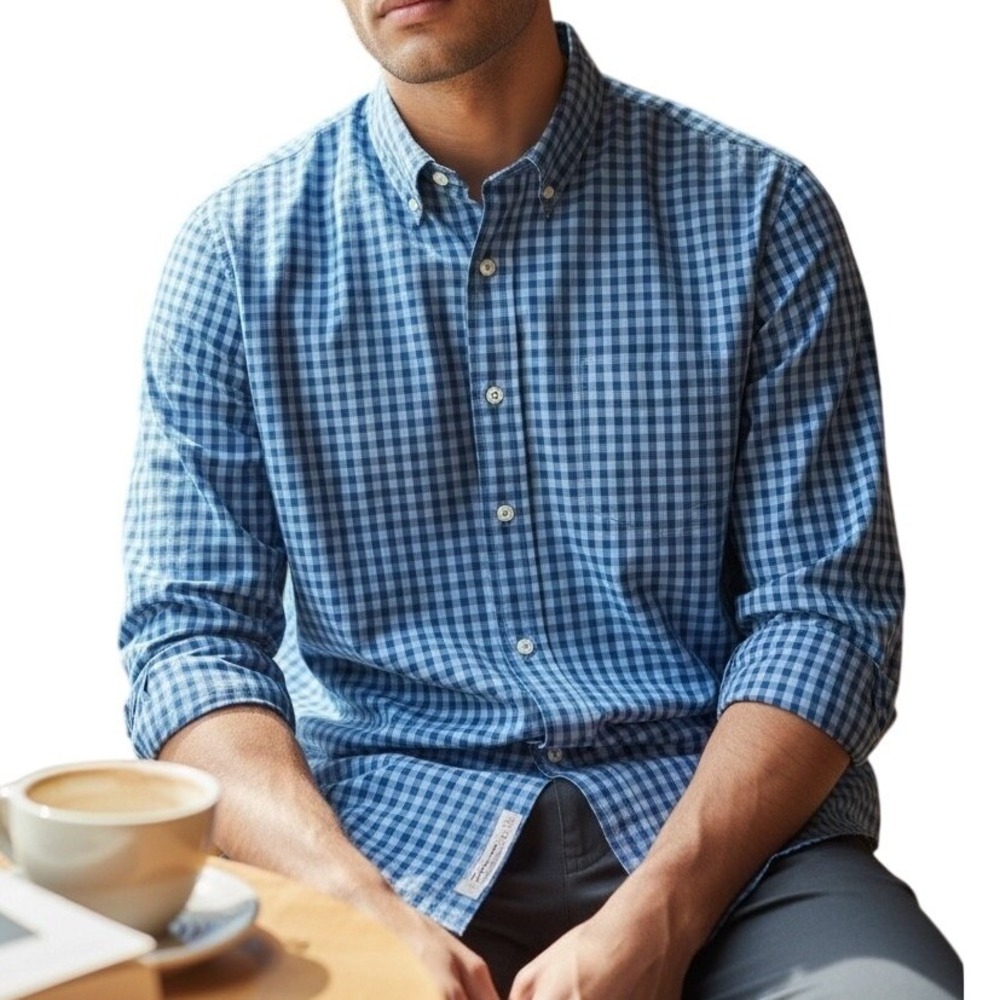 Rainforest Button Down Shirt Mens Large Blue Gingham Modern Classic Cotton Large